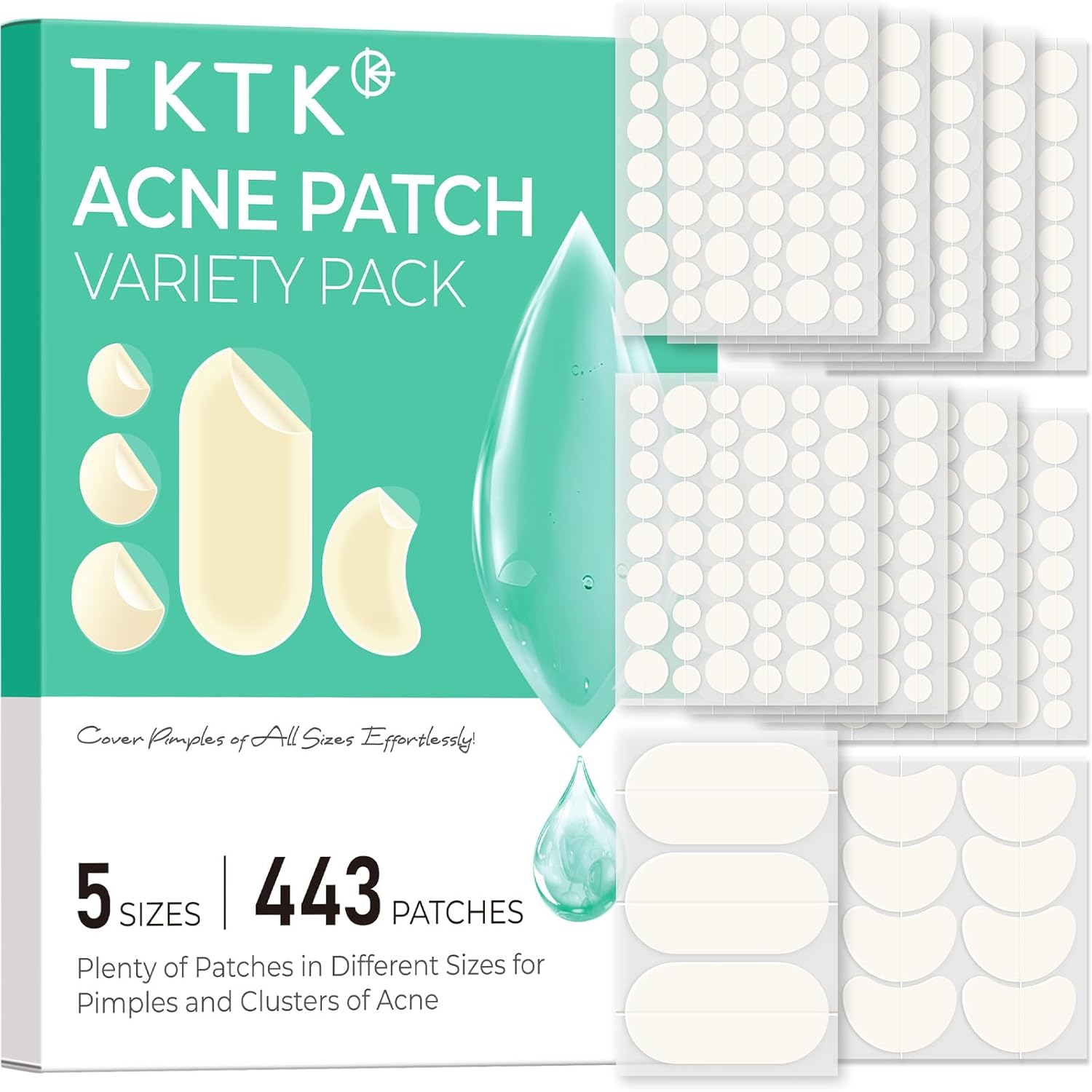 TKTK 443 Count Pimple Patches for Face, Hydrocolloid Acne Patch Bulk, Acne Stickers for Covering Cheeks, Forehead, Chin Blemishes Zit Breakouts for All Skin Types (Dots, Strip, Contoured 5 Sizes)