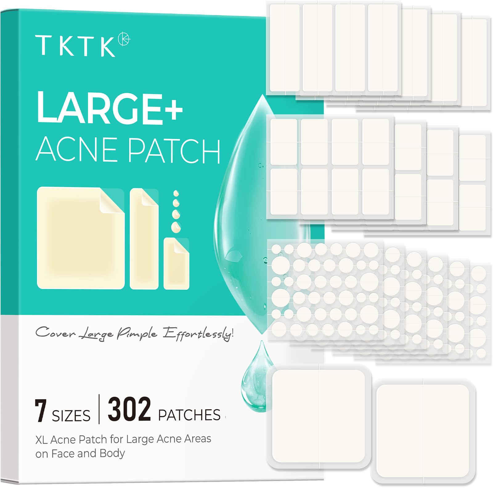 TKTK Large Pimple Patches for Face, 7 Sizes XL Acne Patches, Big Hydrocolloid Bandages for Body, Chin, Forehead, Chest, Back Zit Breakouts, Hydrocolloid Patch (Strip, Square, Dot 126 Count)