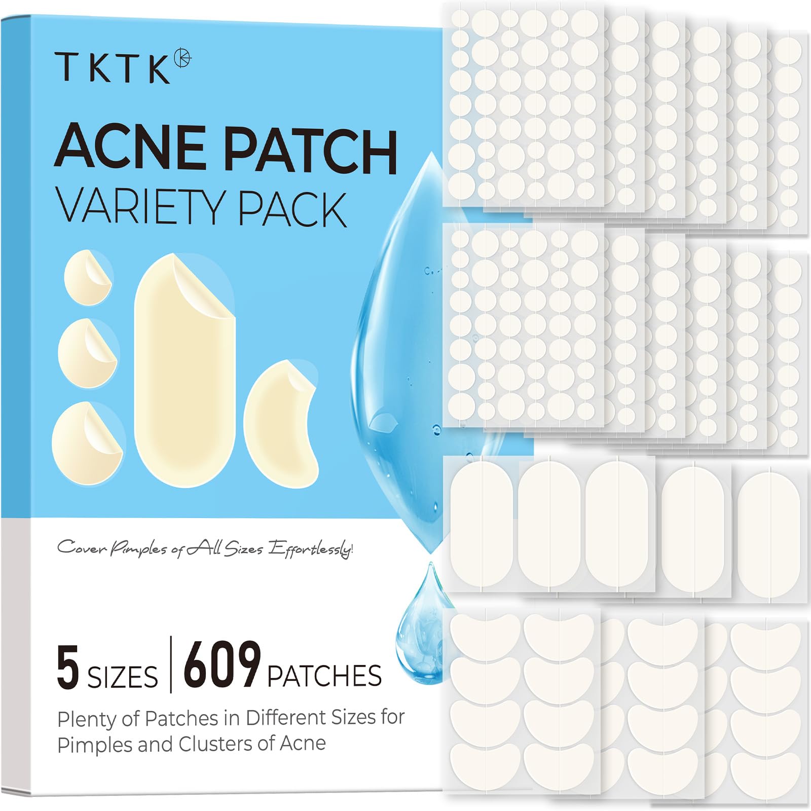 TKTK 443 Count Pimple Patches for Face, Hydrocolloid Acne Patch Bulk, Acne Stickers for Covering Cheeks, Forehead, Chin Blemishes Zit Breakouts for All Skin Types (Dots, Strip, Contoured 5 Sizes)