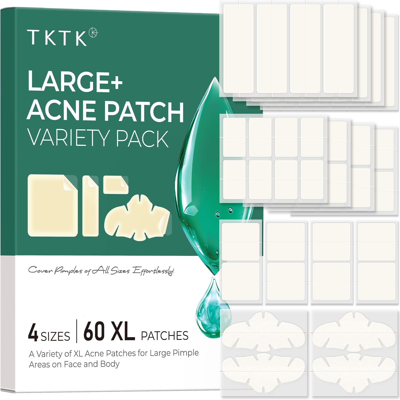 TKTK 443 Count Pimple Patches for Face, Hydrocolloid Acne Patch Bulk, Acne Stickers for Covering Cheeks, Forehead, Chin Blemishes Zit Breakouts for All Skin Types (Dots, Strip, Contoured 5 Sizes)