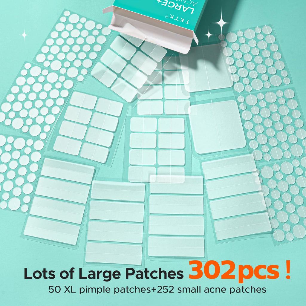 TKTK Large Pimple Patches for Face, 7 Sizes XL Acne Patches, Big Hydrocolloid Bandages for Body, Chin, Forehead, Chest, Back Zit Breakouts, Hydrocolloid Patch (Strip, Square, Dot 126 Count)
