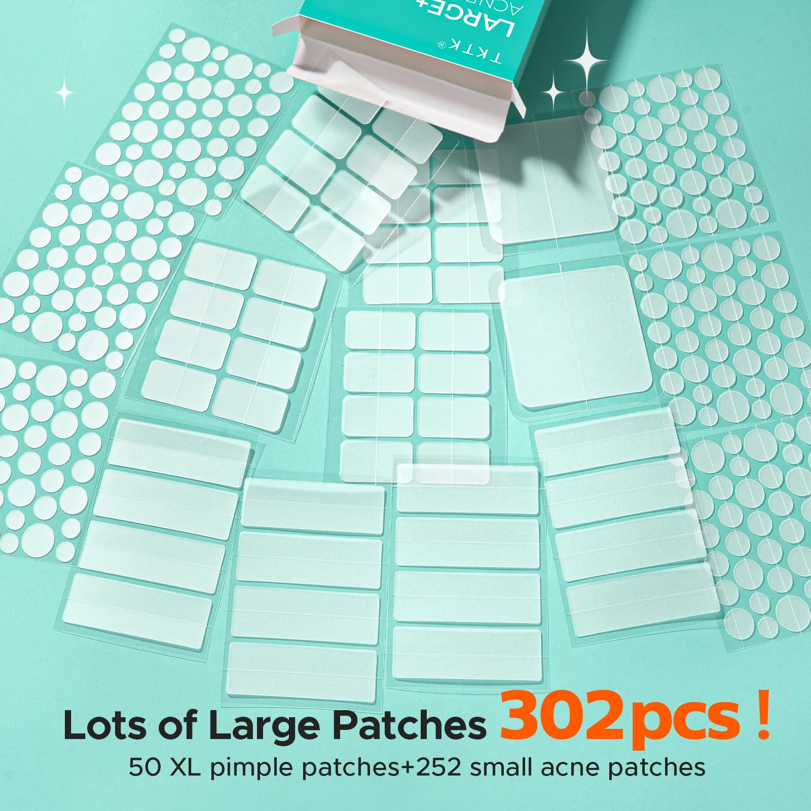 TKTK Large Pimple Patches for Face, 7 Sizes XL Acne Patches, Big Hydrocolloid Bandages for Body, Chin, Forehead, Chest, Back Zit Breakouts, Hydrocolloid Patch (Strip, Square, Dot 126 Count)