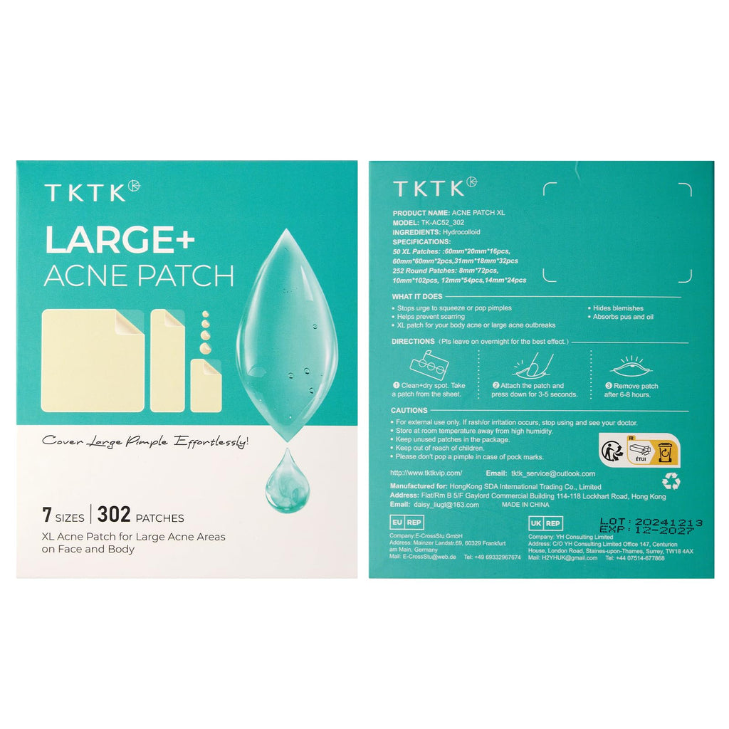 TKTK Large Pimple Patches for Face, 7 Sizes XL Acne Patches, Big Hydrocolloid Bandages for Body, Chin, Forehead, Chest, Back Zit Breakouts, Hydrocolloid Patch (Strip, Square, Dot 126 Count)